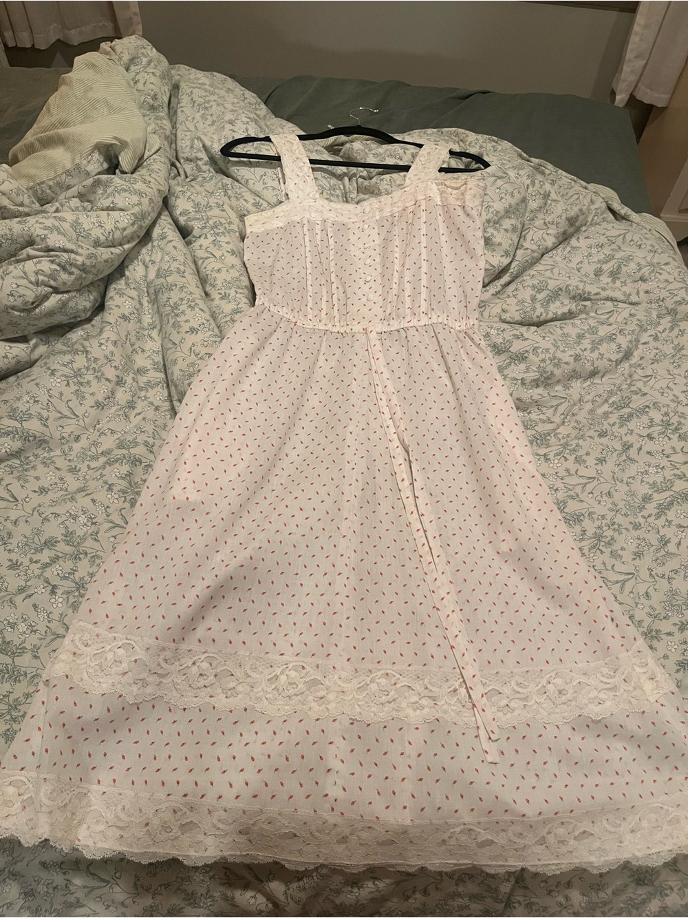 Vintage White Midi Dress with Strawberry Print and Lace Trim